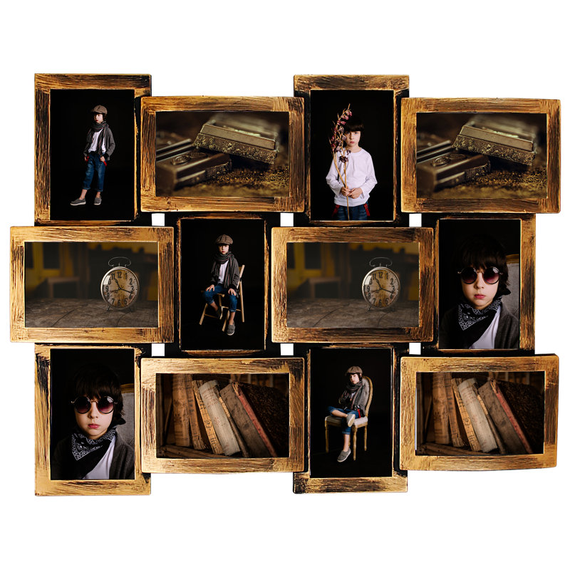 12-Photo Collage Picture Frame, Rustic Wall Decor for 4x6 Photos, Gold