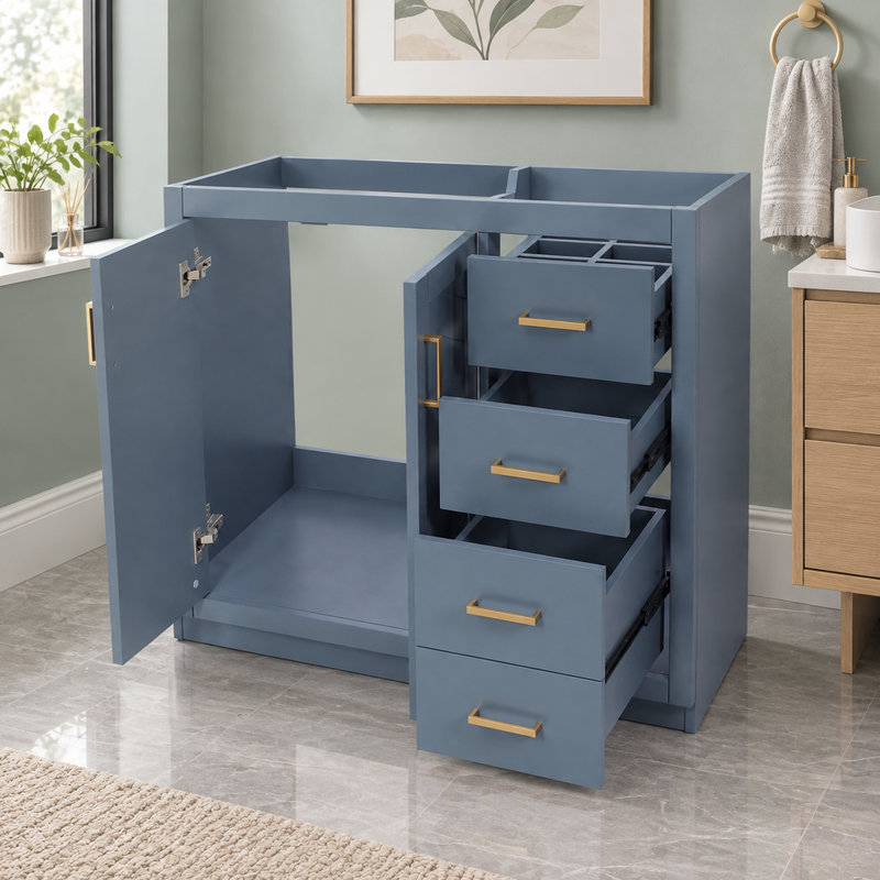 Meuble-lavabo autoportant de 90,8 cm (35,74 po) sans lavabo, structure en bois massif, 3 tiroirs et portes à fermeture douce, style moderne bleu