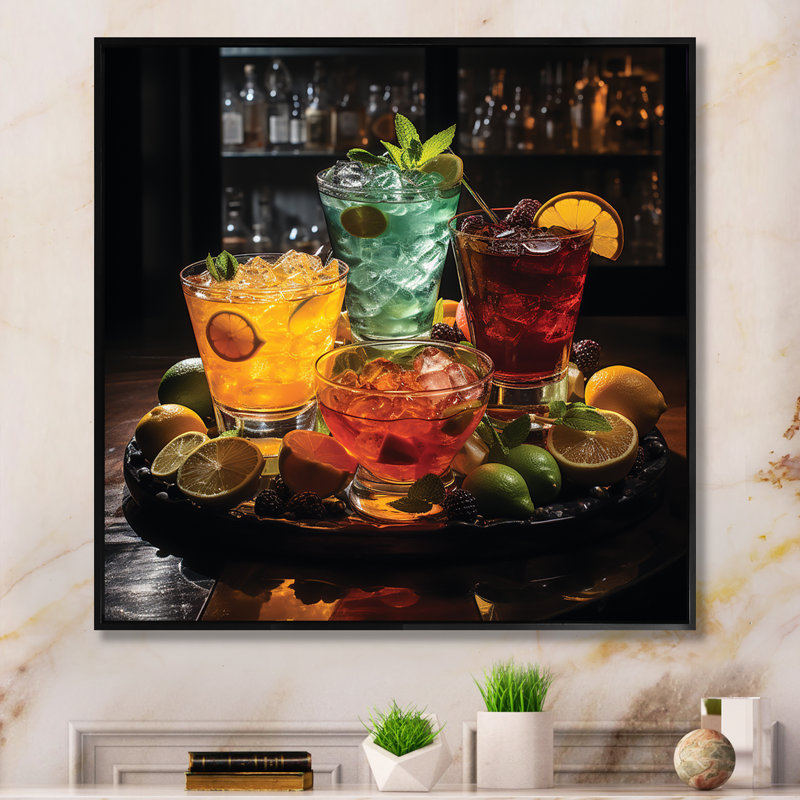 «Cocktail Impression I» - Art mural cocktails, H 30 po x l 30 po x P 1 po, Cadre flottant noir