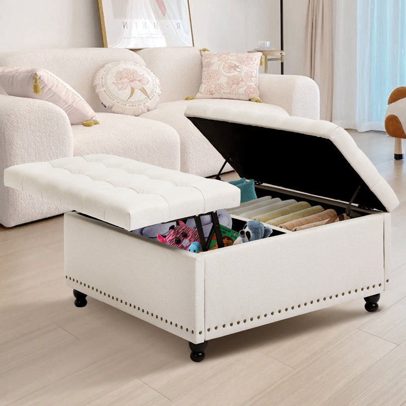 Cymon 35.5” Upholstered Square Large Storage Ottoman, White Linen