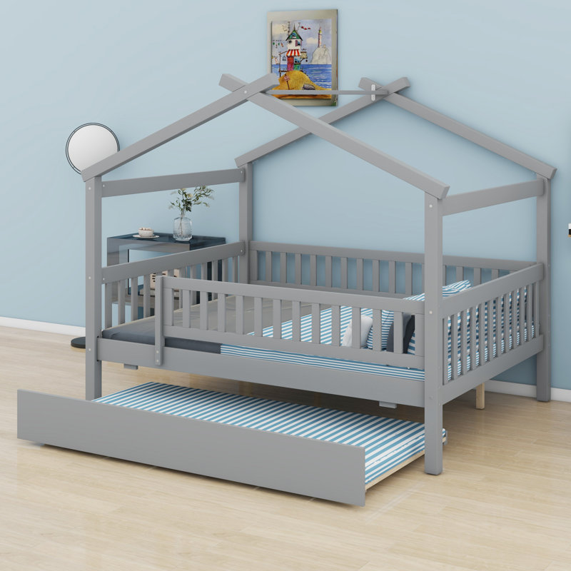 Wooden House Bed With Trundle, Gray