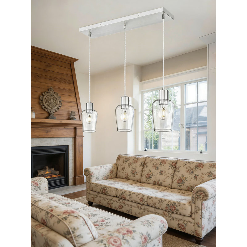 Lustre linéaire à 3 lumières avec abat-jour en verre transparent, luminaire suspendu en nickel brossé à hauteur réglable pour îlot de cuisine, salle à manger et décor de maison de campagne