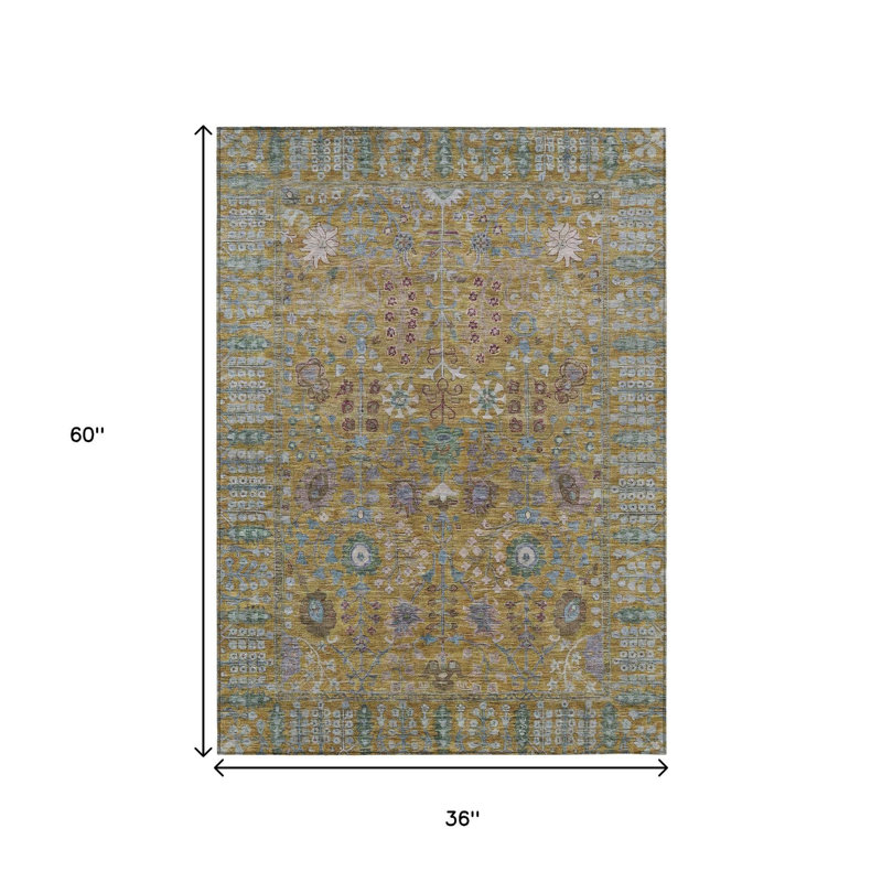Tapis intérieur/extérieur lavable à motifs floraux dorés et verts 90 x 150 cm
