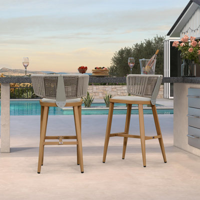 Outdoor Bar Height Stool Set Of 2 Modern Rattan Bar Chairs With Woven Rope Back