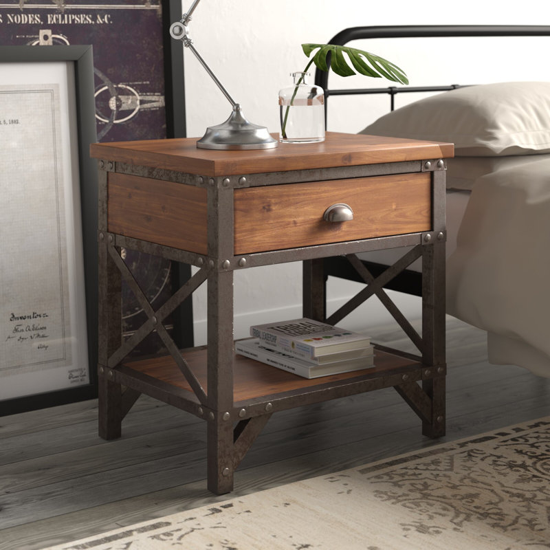 Haverhill Modern Rustic Brown Nightstand With 1 Drawer and Shelf Metal Frame Night Side Table