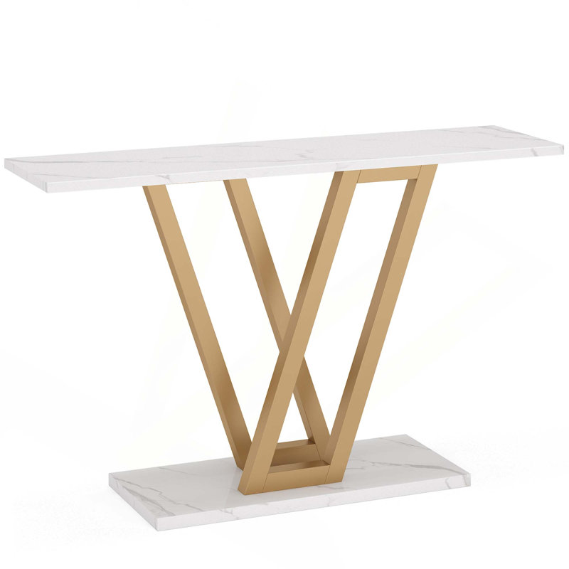 43 Inch Modern Console Table With Faux Marble Top And V-Leg Metal Frame For Hallway, Living Room Or Foyer