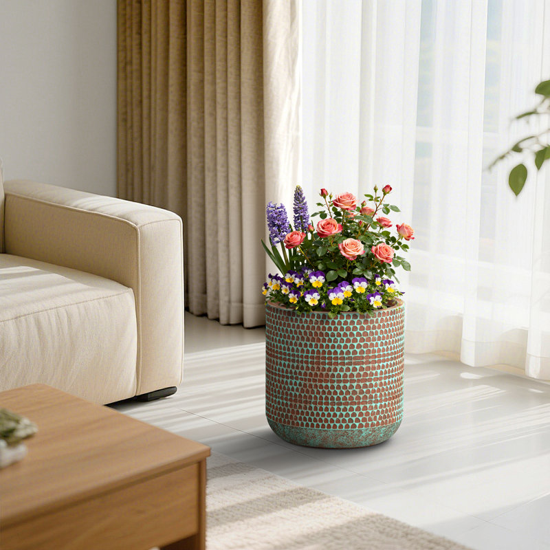 16 in. Medium Concrete Tall Round Planter / Pot with Drainage Holes for Indoor & Outdoor, Teal（Upgraded Interior）