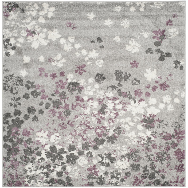 Makeba Floral Grey/Purple Area Rug, Square 8'