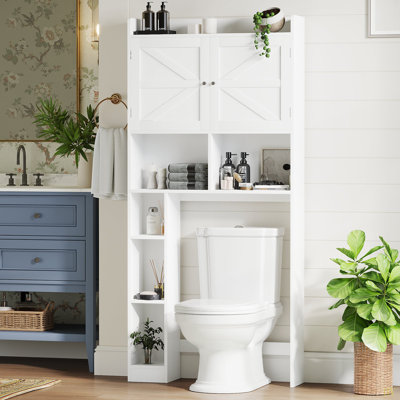 Armoire de rangement au-dessus de la toilette avec tablette réglable, économiseur d'espace de salle de bain avec portes doubles et tablettes ouvertes, support de rangement de toilette autoportant pour le rangement de la salle de bain