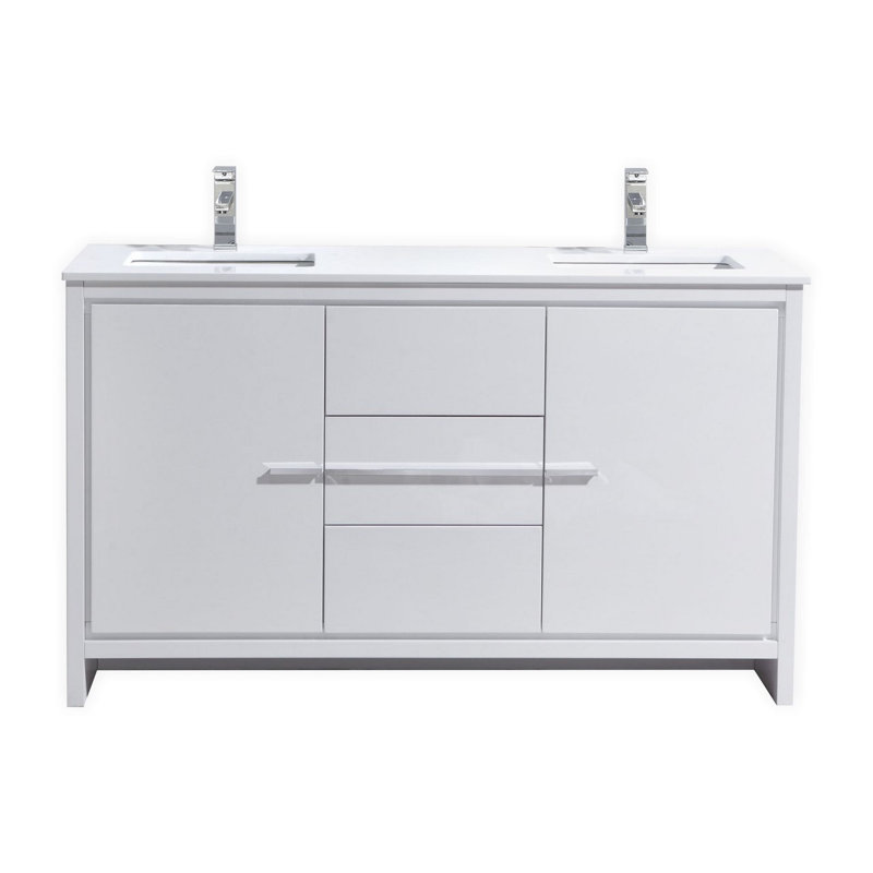 Meraris Double Bathroom Vanity with Quartz/Ceramic Undercount Sink Top, High Gloss White
