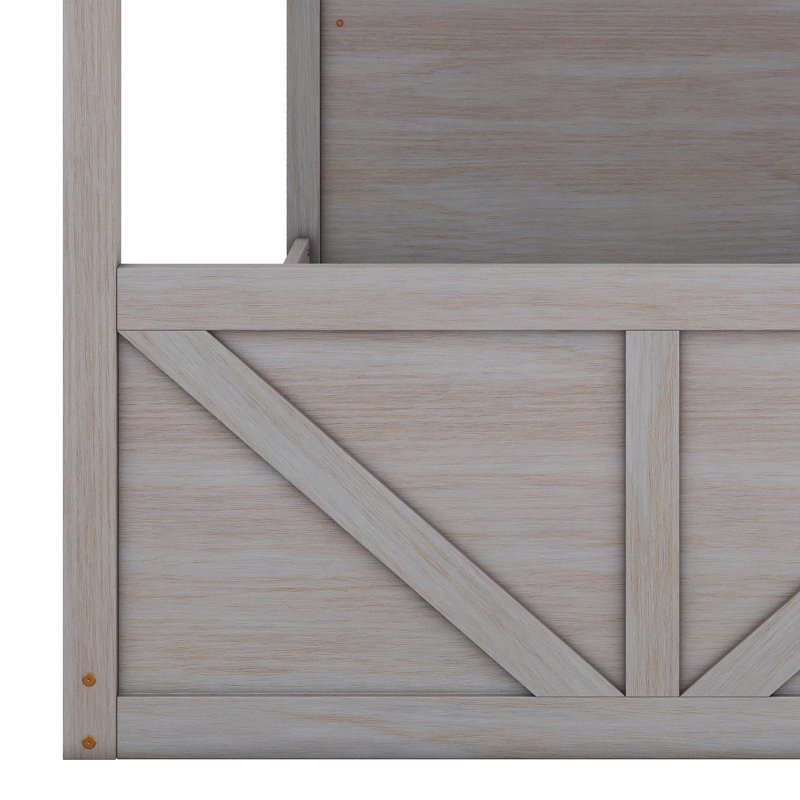 Twin Over Twin Floor Bunk Beds With Panelled Headboard And Footboard, Antique White