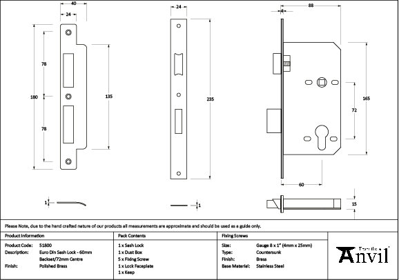 Euro Din Sash Lock, Polished Brass