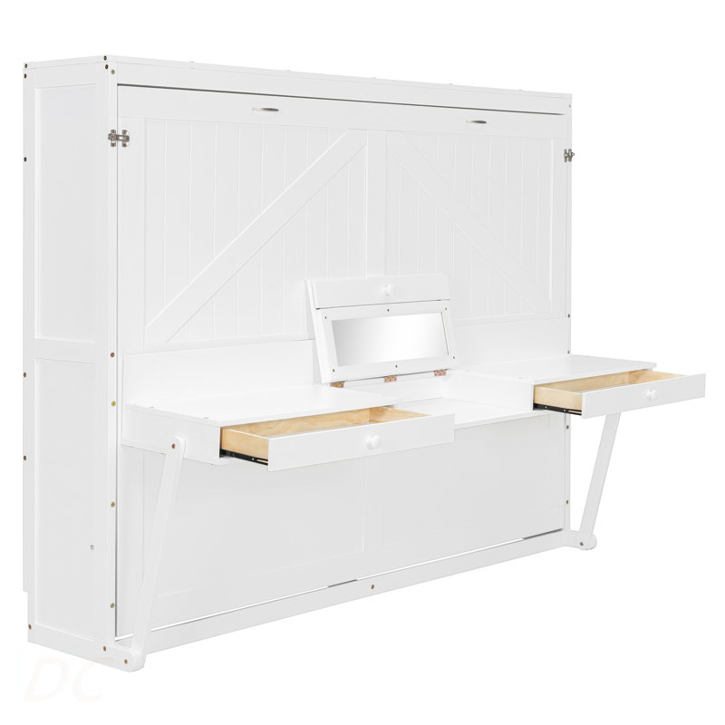 Grand lit escamotable mural avec rangement, armoire-lit pliable avec coiffeuse, miroir central et 2 tiroirs latéraux