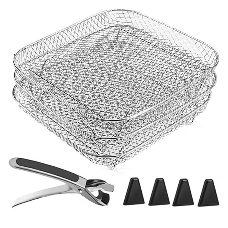 3-Layer Square Round Rectangle Air Fryer Rack Set Stainless Steel Dehydrator Rack with 4 Silicone