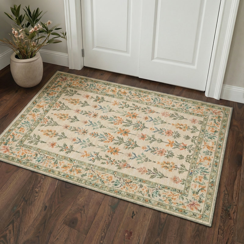 Allsop Aura Vintage Floral Machine Washable Beige / Orange / Green Indoor Area Rug with Non-Slip Backing, Round 5'