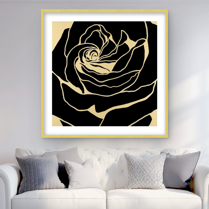 Silhouette of a Rose - imprimé mat noir encadré pour la décoration, H 36 po x l 36 po, Doré