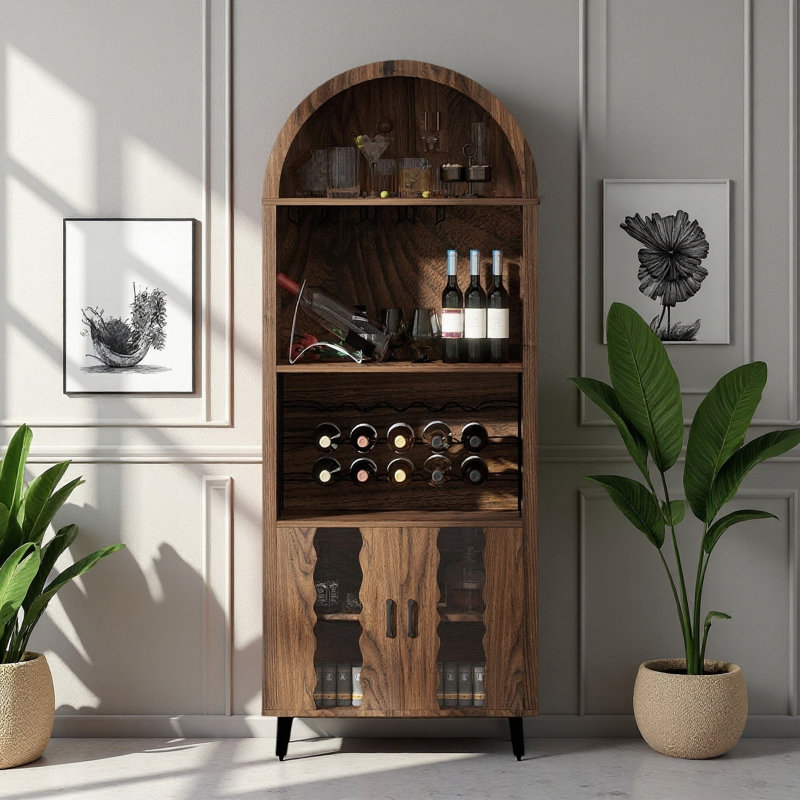 71" Farmhouse Arched Bar Cabinet, Freestanding Liquor Cabinet with Wine Rack & Glass Holder, Tall Display Cabinet for Living Dining Coffee Bar