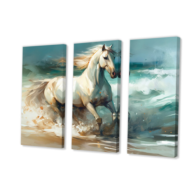 Cheval sur la plage II, reproduction sur toile 3 pièces, H 40 po x l 60 po x P 1 po