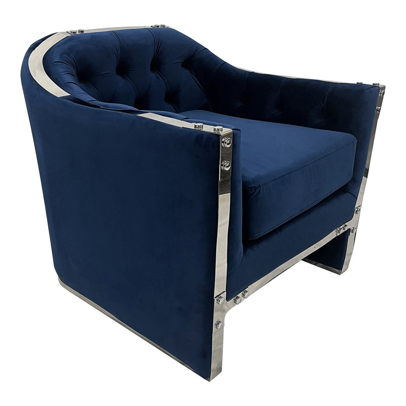 Chaise en velours bleu marine avec structure en acier inoxydable argenté brillant
