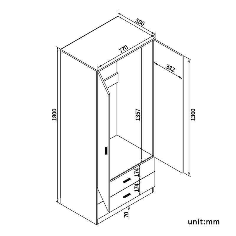 180x50x77cm, Hanging and Storage in One, Double Drawer Large Space Wardrobe, Oak