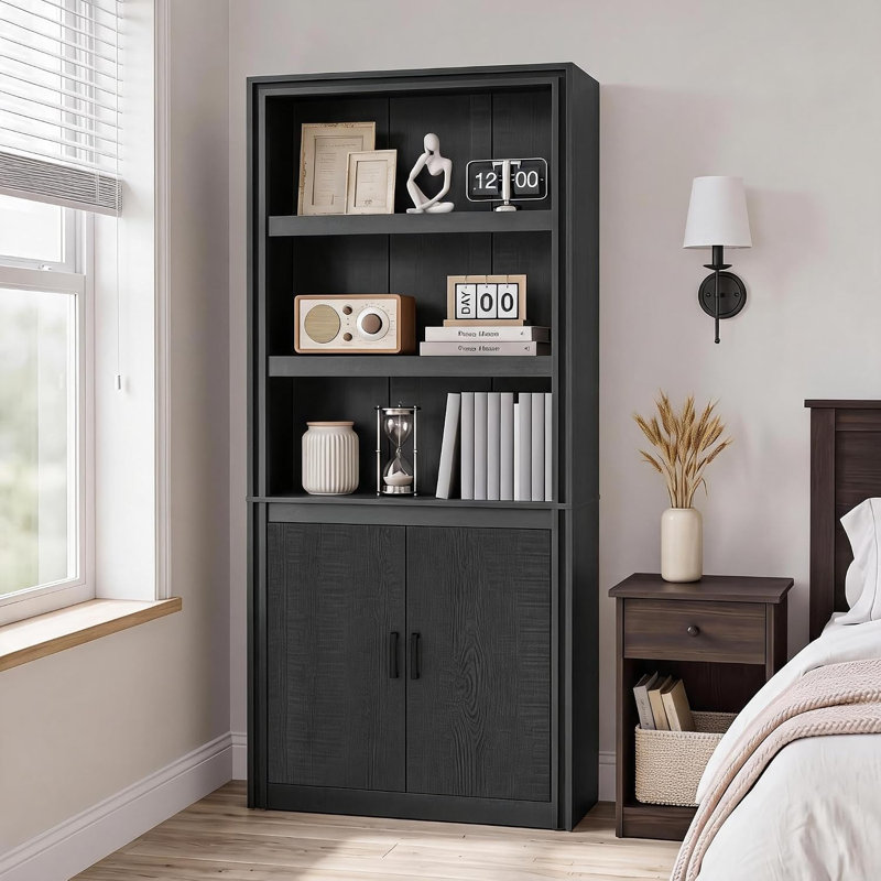 Bibliothèque de style champêtre avec portes, étagère de rangement de 180 cm de hauteur et 30 cm de profondeur, style industriel, en bois, à 5 étagères, idéale pour une chambre, un salon ou un bureau.