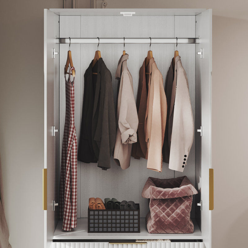 White Modern MDF Wardrobe Armoire with Gold Handles