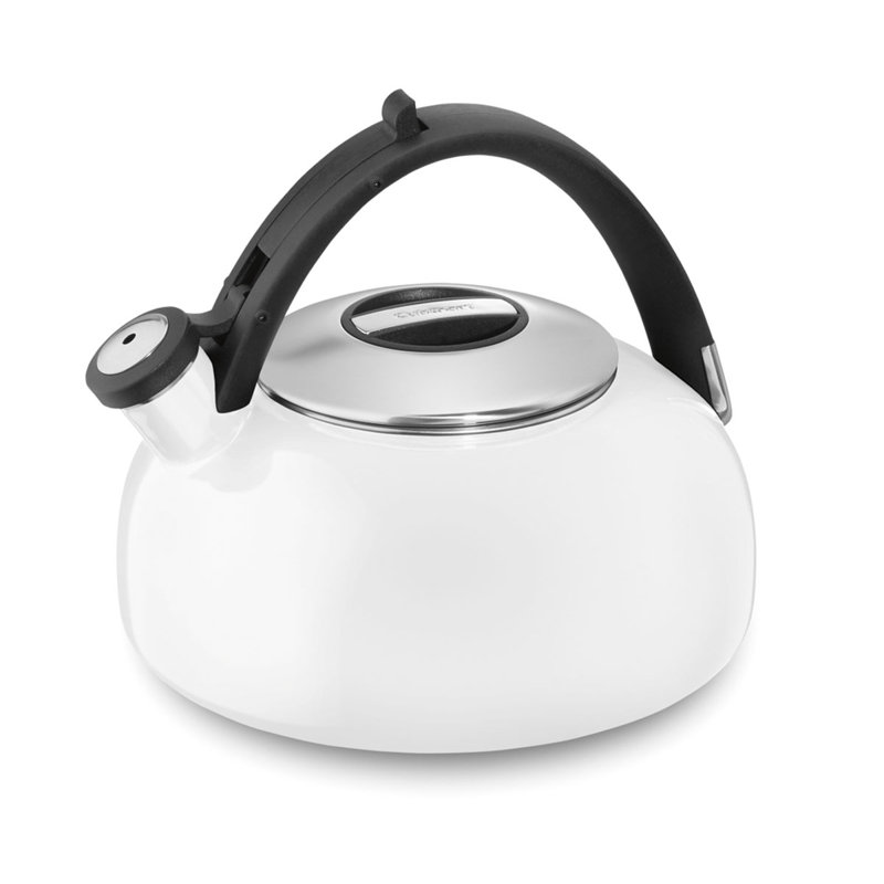 White Enamel 2-Quart Whistling Tea Kettle with Silicone Handle
