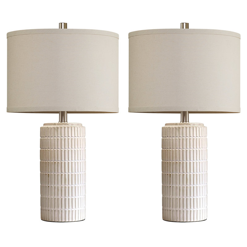  23"Modern Grid-Textured white Ceramic Table Lamp for Living Room Bedroom, Bedside Table, Free Bulb Included (Set of 2)