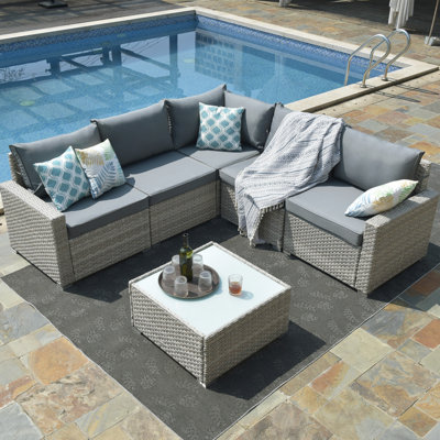 Margeree 113" Wide Outdoor Left Hand Facing Patio Sectional with Cushions by Ebern Designs