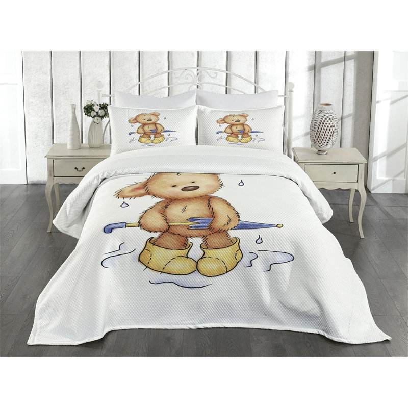 Ambesonne Ambesonne Bear Bedspread Set Teddy Bear Rain Umbrella Sand Brown Yellow Blue