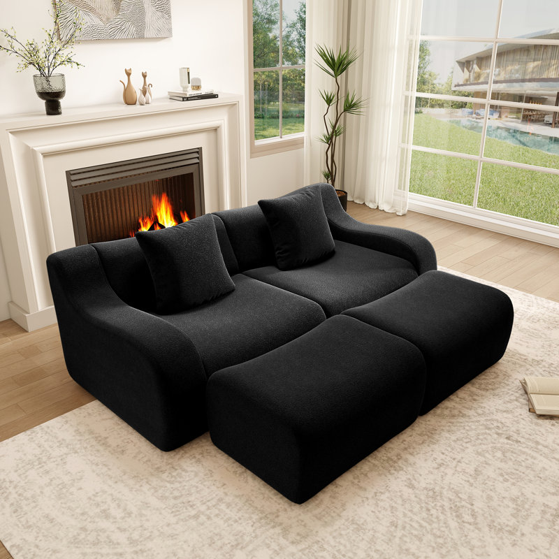 Ensemble de canapé modulaire en tissu Bondy Teddy avec méridienne et accoudoirs ergonomiques courbés, noir, Noir