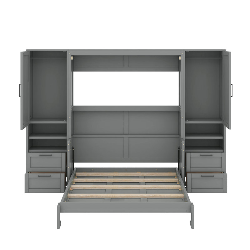 Grand lit escamotable mural avec placard, tiroirs et tablettes, Gris