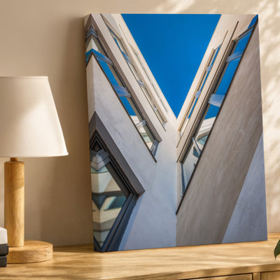 Canvas A Modern Architectural Scene Featuring Two Intersecting Buildings With A Wall Art Minimalist Design Showcasing A Combination Of Canvas Wall Art