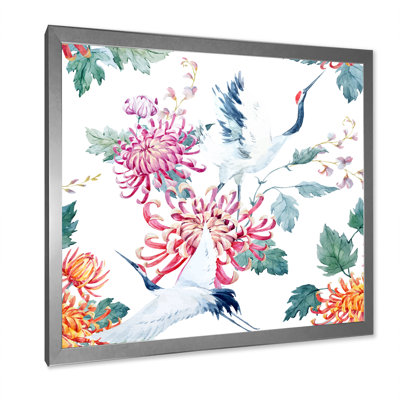 " Crane Bird With Flowers And Plants " Painting Print