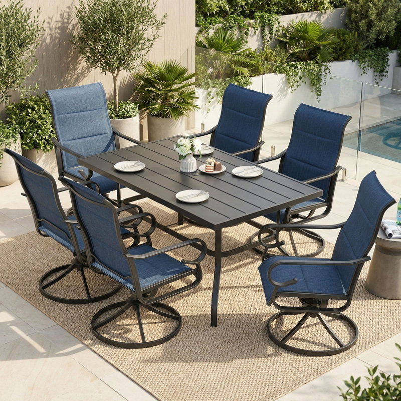 Burlington 7-piece Padded Textilene Patio Dining Set With Umbrella Hole, Swivel Design, 6, 28.9" H x 60.6" W x 37" D, Blue