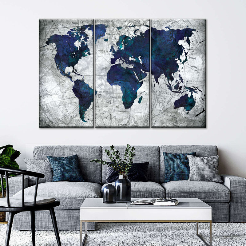 Ensemble de carte du monde sur toile 3 pièces, H 24 po x l 38 po x P 1,25 po