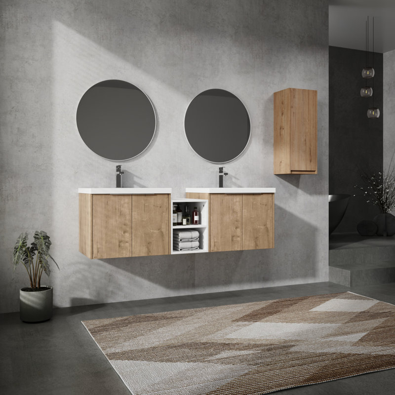 Meuble-lavabo mural avec lavabo et armoire latérale, portes et meuble-lavabo