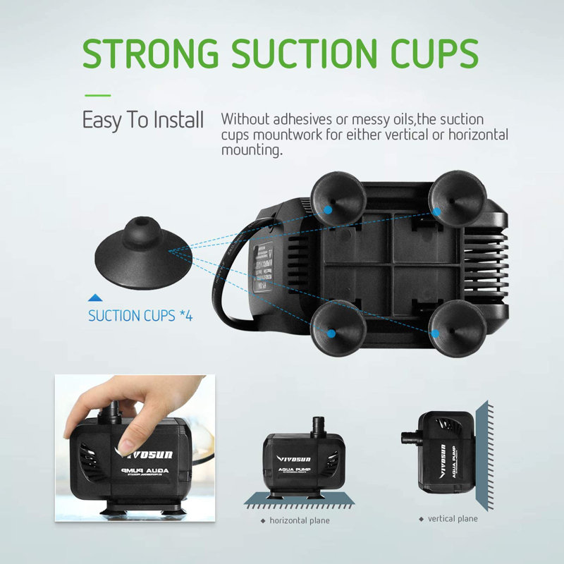 Pompe à eau submersible 400GPH ultra silencieuse (1500L / H, 15W) avec levage de 5,3 pi, cordon d'alimentation de 5 pi et 2 buses
