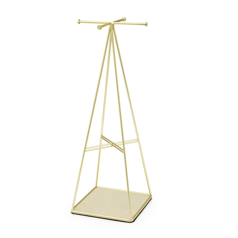 Matte Brass Steel Pyramid Jewelry Stand with Linen Base