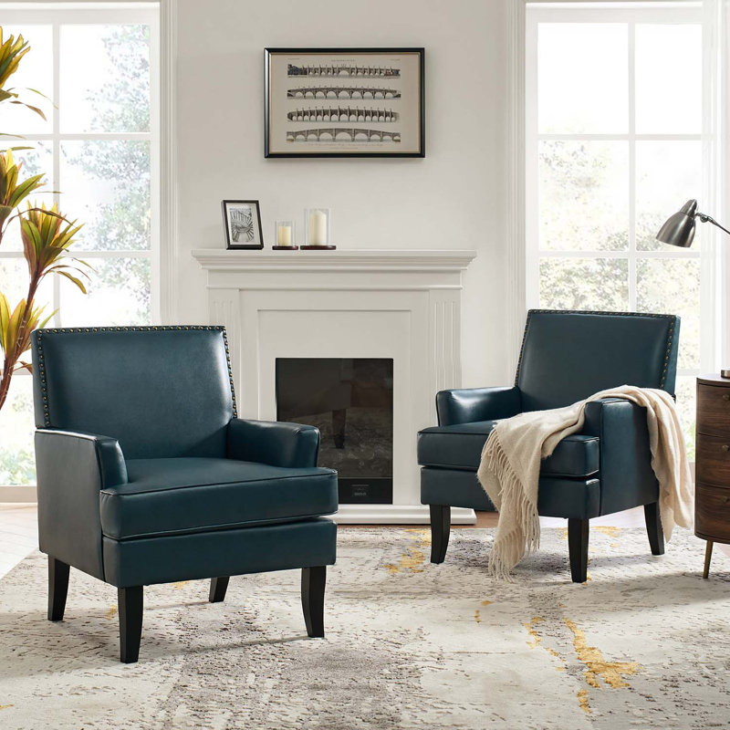 Celadon 27.5'' Wide Faux Leather Armchair with Nailhead Trim and Solid dWoo Legs Set Of 2, Turquoise Faux Leather