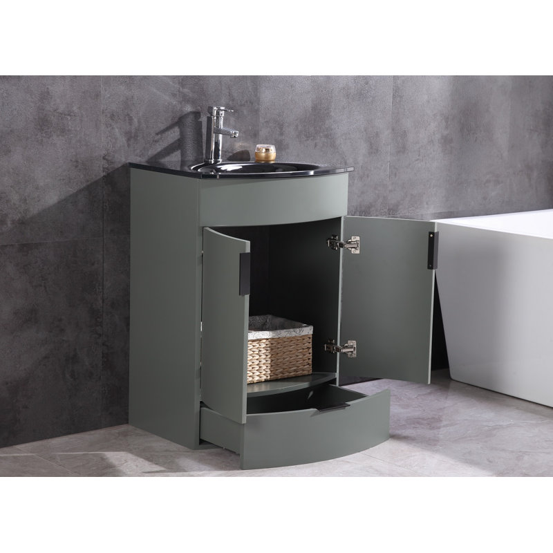 Boger 24'' Single Bathroom Vanity with Glass Top, Pewter Green