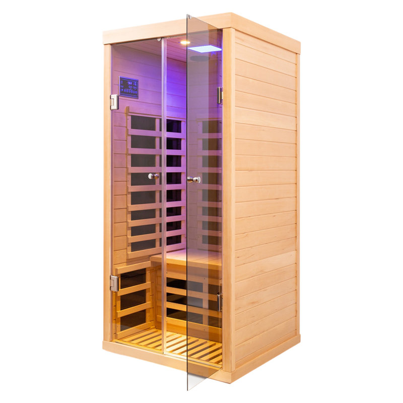 KISRAIS Indoor Sauna One Person Low EMF FAR Infrared Sauna with Smartphone Full App Control with 1 LED Reading Lights, 1 Square Chromotherapy Light & 2 Bluetooth Speakers | Personal Indoor Dry Heat Sauna For Home & Gym – Made From Canadian Hemlock