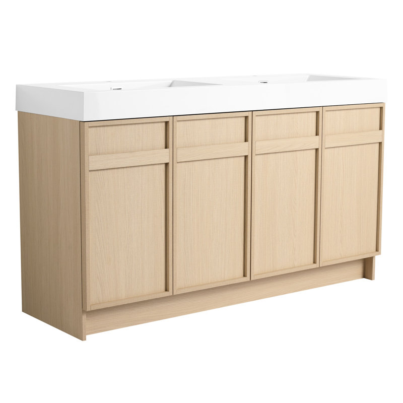 Meuble-lavabo de 60 po avec lavabo double en résine blanche et commode à fermeture en douceur - 4 armoires Modern Essentials
