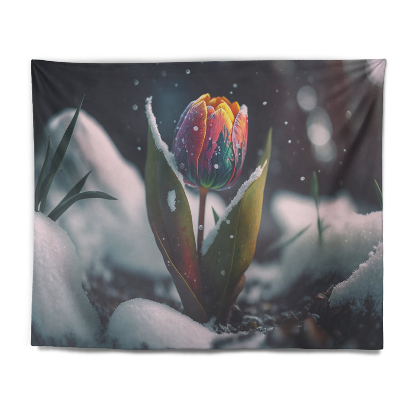 Polyester, fleur de tulipe multicolore en fleurs en hiver avec des punaises, H 50 po x l 60 po