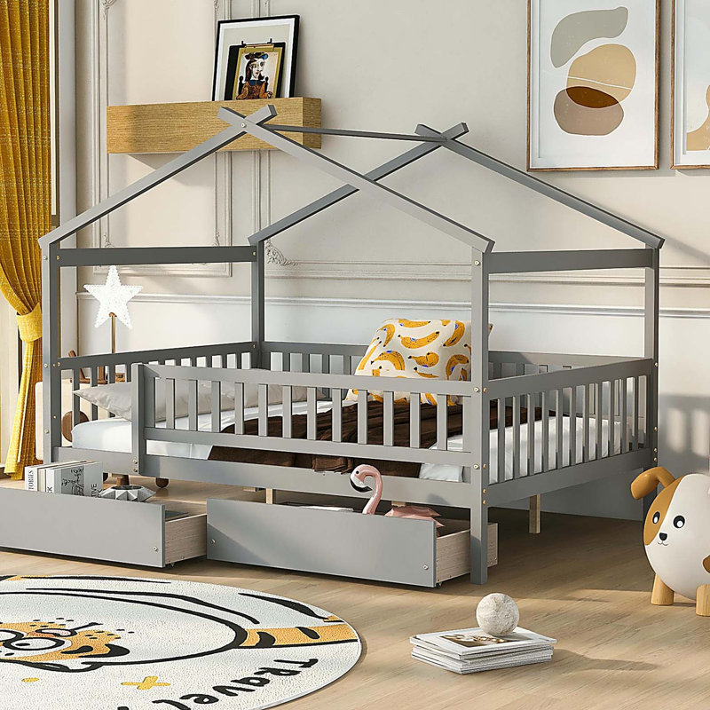 Lit double en bois avec deux tiroirs, gris, Gris