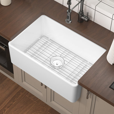 Évier de cuisine rectangulaire à tablier frontal simple avec grille et crépine 30 po KARAMAG, blanc