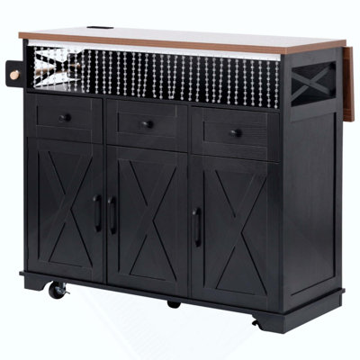 Farmhouse Kitchen Island With Drape Of Beads, Power Outlet, Rolling Kitchen Cart On Wheels With Drop Leaf, 3 Doors , 3 Drawers And Internal Iron Shelf, For Kitchen, Dining Room
