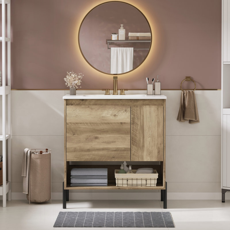 Meuble-lavabo moderne en bois de 30 po avec tiroir coulissant, lavabo en céramique et tablette ouverte pour le rangement organisé