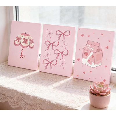 3 Pcs Pink Bow Canvas Wall Art,Sweet Coquette Painting Picture Wall Decor,Preppy Bow Poster Print Artwork,For Living Room Girls Room Bedroom Apartment Home Decoration 12X16inch