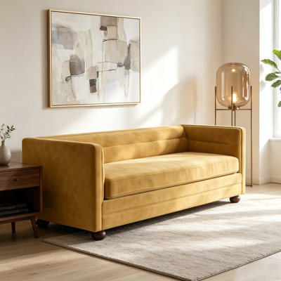 77.2" Modern 3 Seater Sofa Chenille Upholstered Couch with Square Arms, Yellow Back & Brown Rubber Wood Leg Single Cushion Sofa for Living Room and Apartment Leisure Corner, Yellow